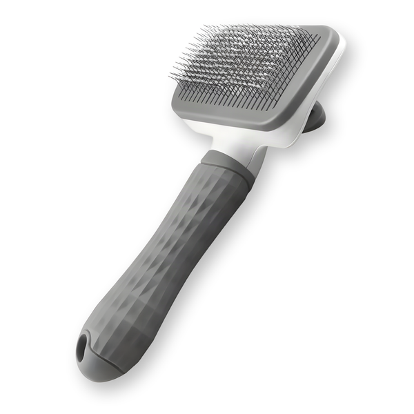 CleanPin self-cleaning slicker brush with gray comfort grip, on a white background