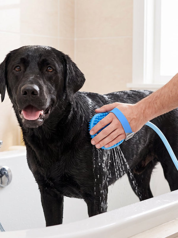 Black Labrador being washed with the RinseMate sprayer