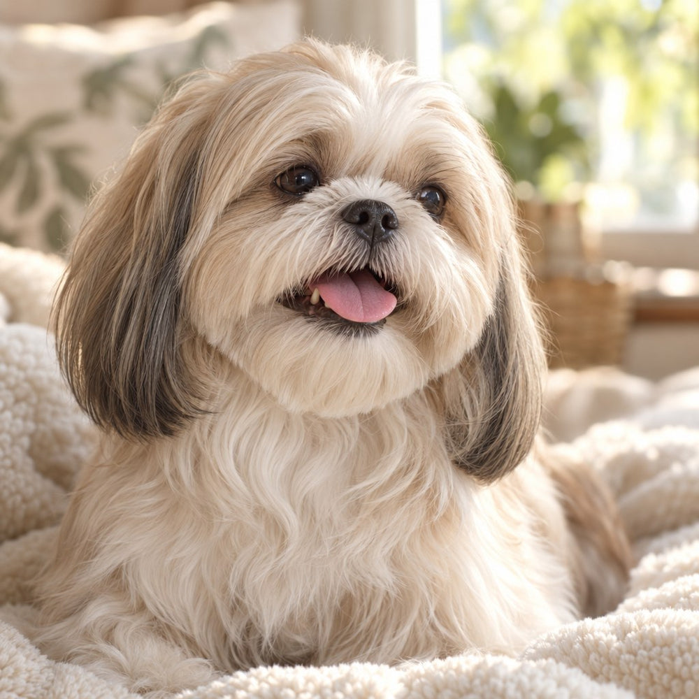 Happy small dog resting at home after brushing
