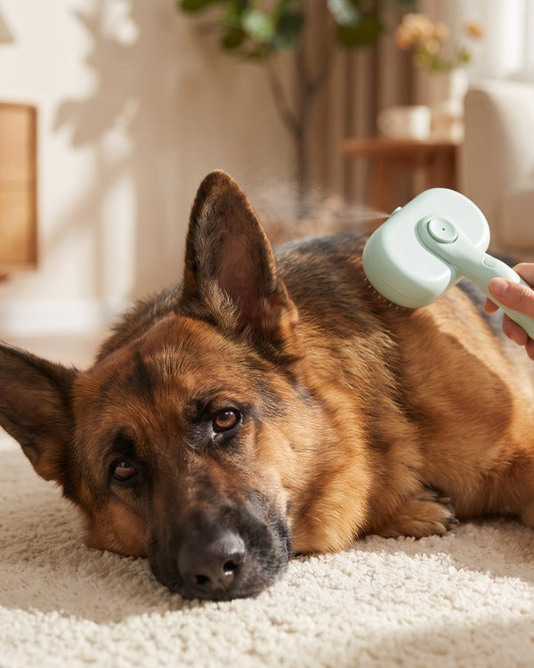 Dog being brushed with a steam spray brush