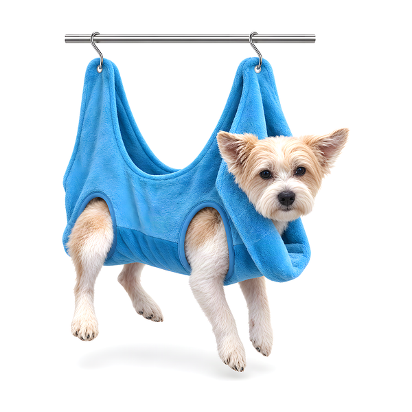 GroomHarbor blue pet grooming hammock hanging from two metal S-hooks with a small dog inside, on white