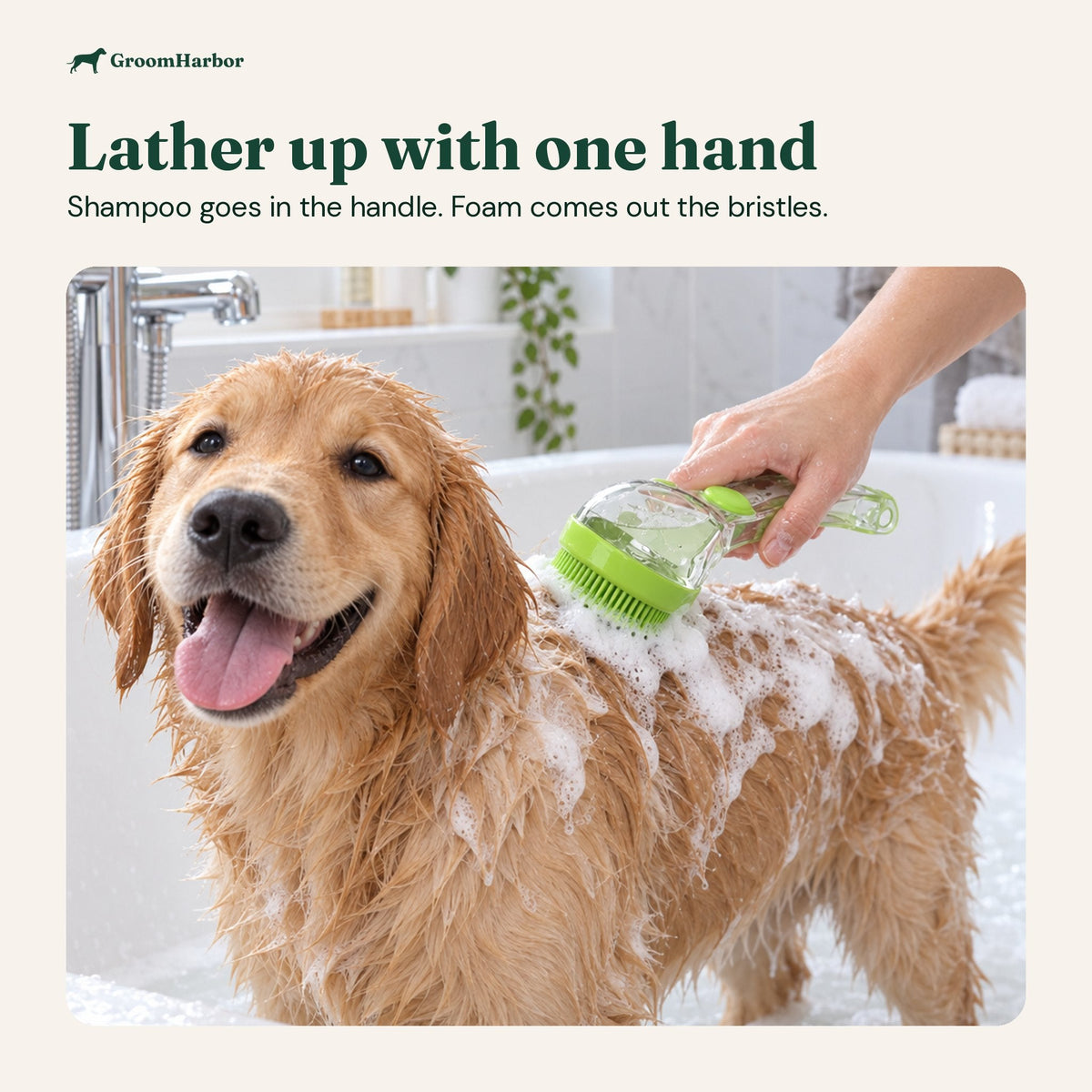 Golden retriever being scrubbed with a foaming shampoo bath brush in a bathtub