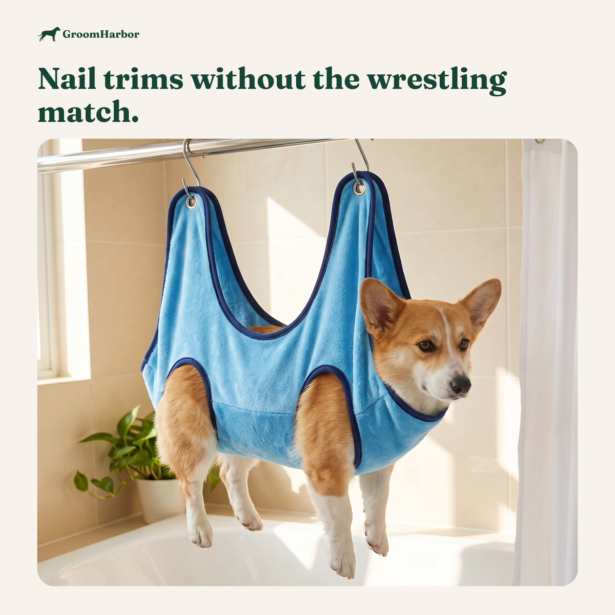 Dog resting calmly in a grooming hammock during an at-home nail trim