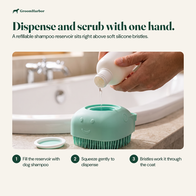 How the Bath Brush Pro shampoo dispenser brush works