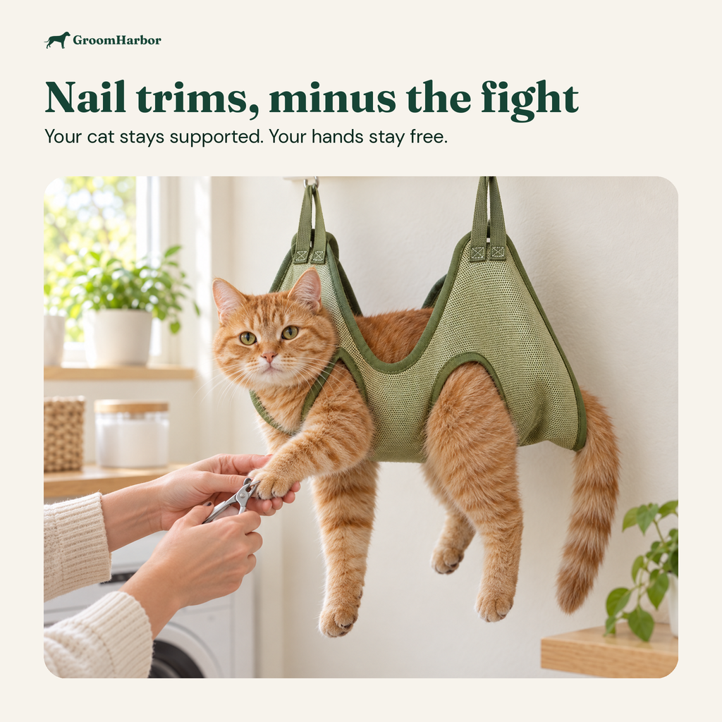 CalmCat in use at home: a cat rests in the hammock while its claws are trimmed
