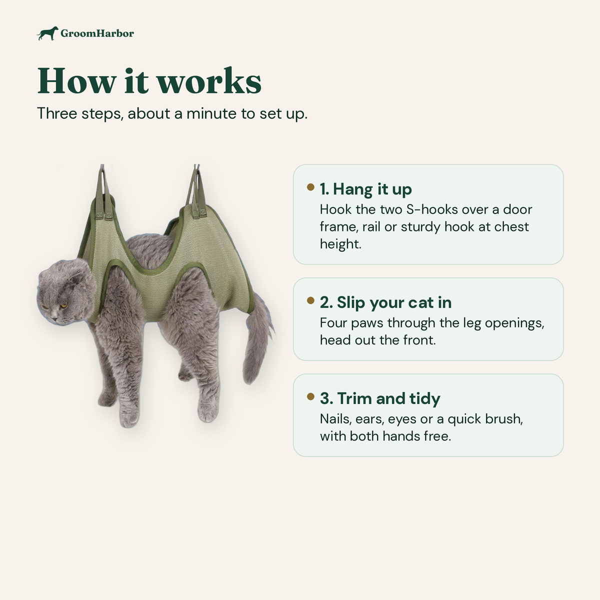 How the CalmCat cat grooming hammock works: hang it, slip your cat in, trim