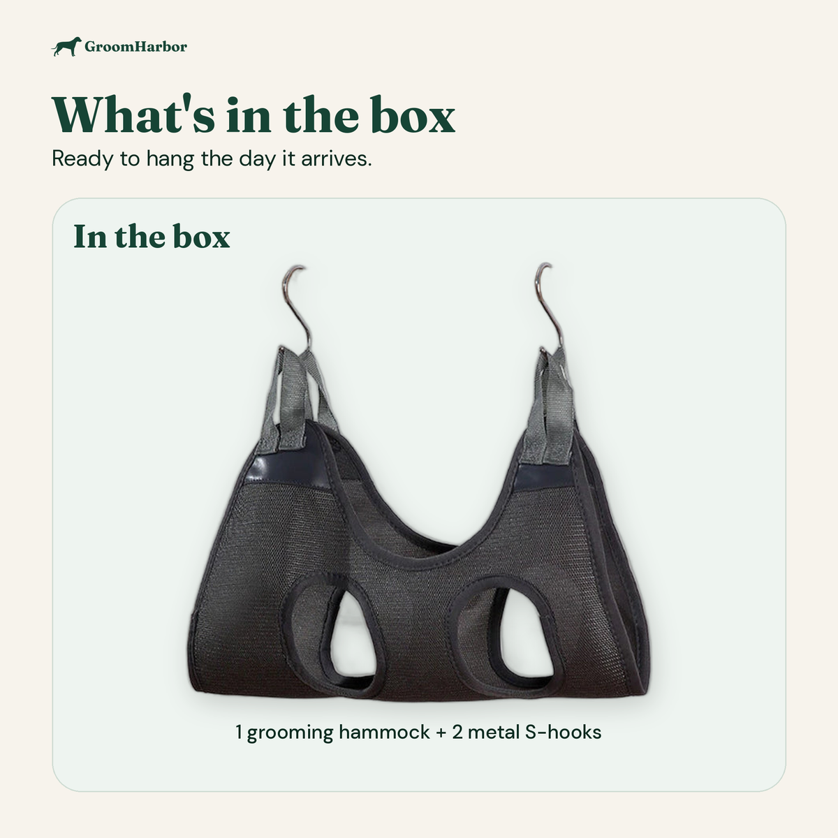 What is in the box: CalmCat cat grooming hammock with 2 metal S-hooks