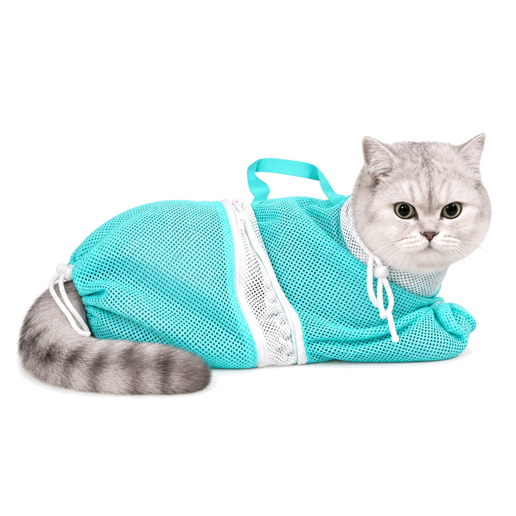GroomHarbor cat bath bag: grey cat wearing the turquoise mesh bathing bag with white collar, drawstrings and carry handle