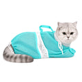 GroomHarbor cat bath bag: grey cat wearing the turquoise mesh bathing bag with white collar, drawstrings and carry handle