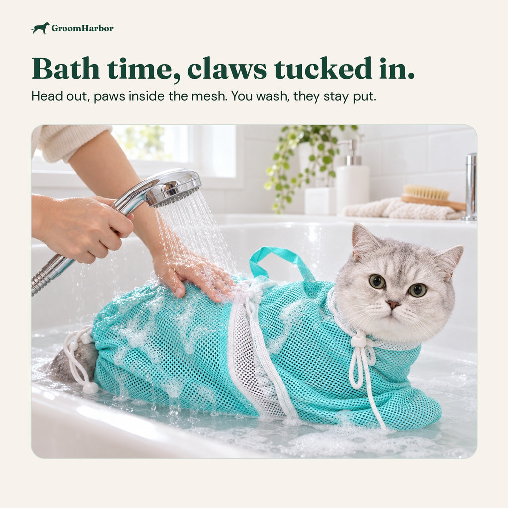 Grey cat in the turquoise mesh bath bag being rinsed with a handheld shower in a white bathtub