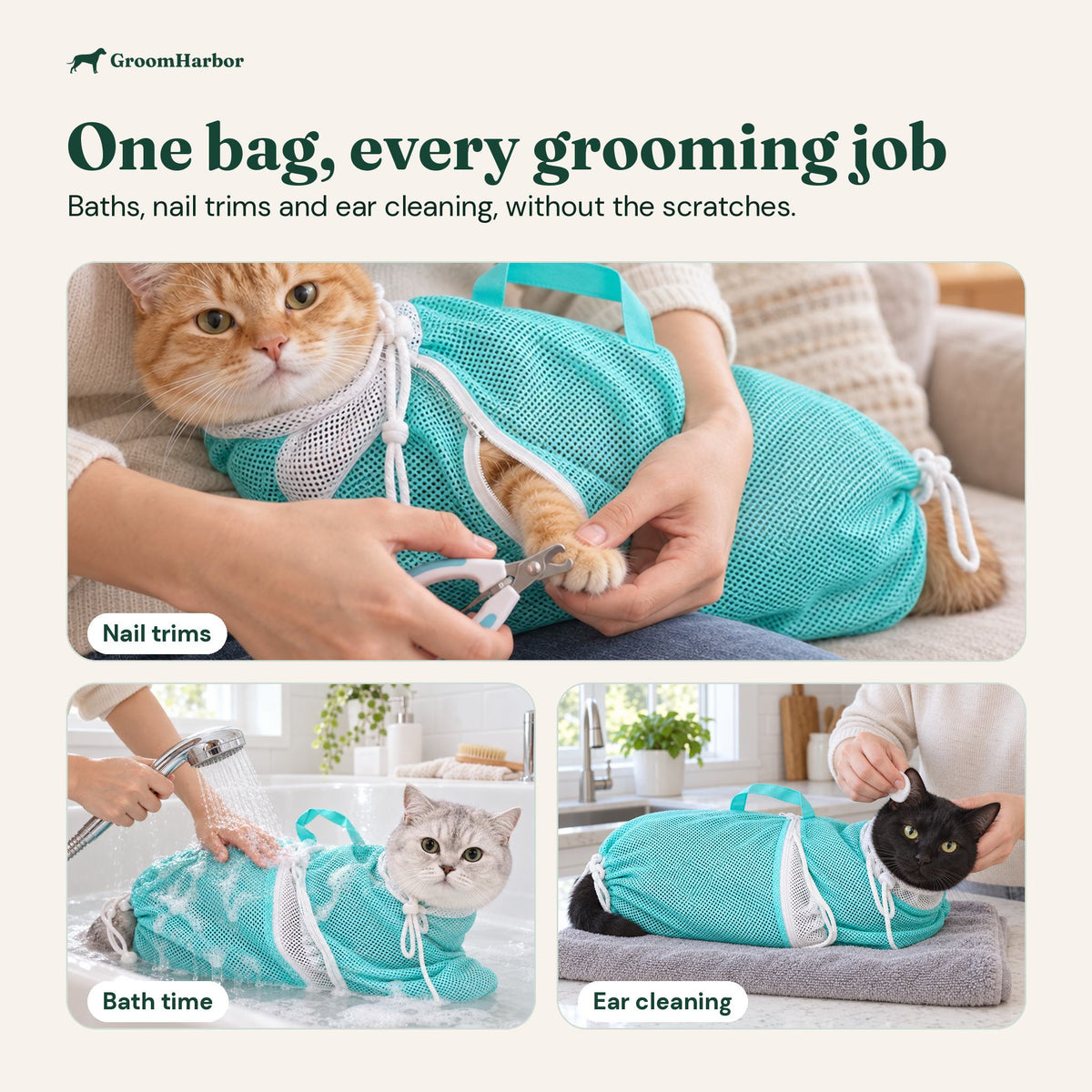 Cat bath bag uses: nail trims on the lap, bath time in the tub and ear cleaning