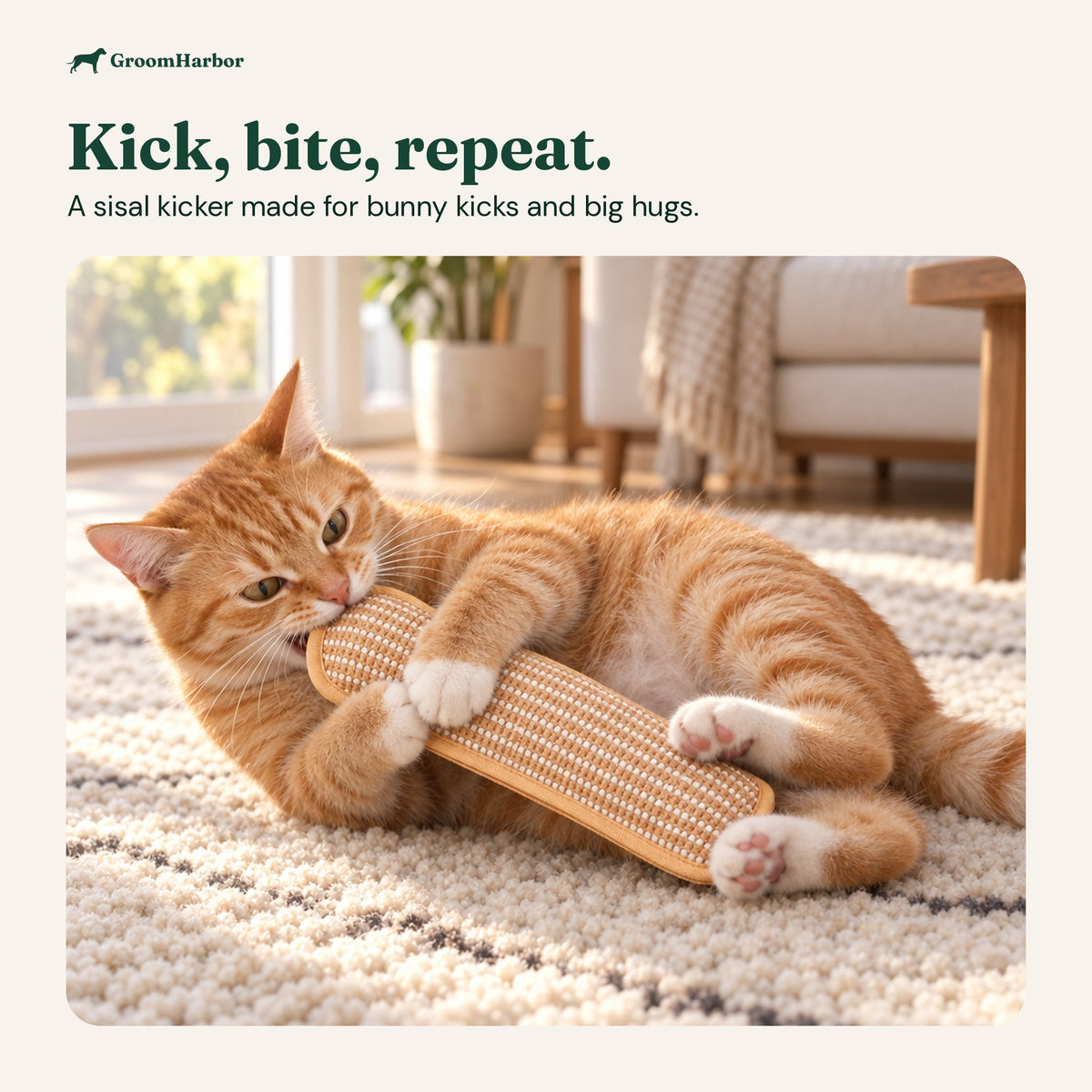 Orange tabby cat on a rug hugging, biting and bunny-kicking the woven sisal kicker toy