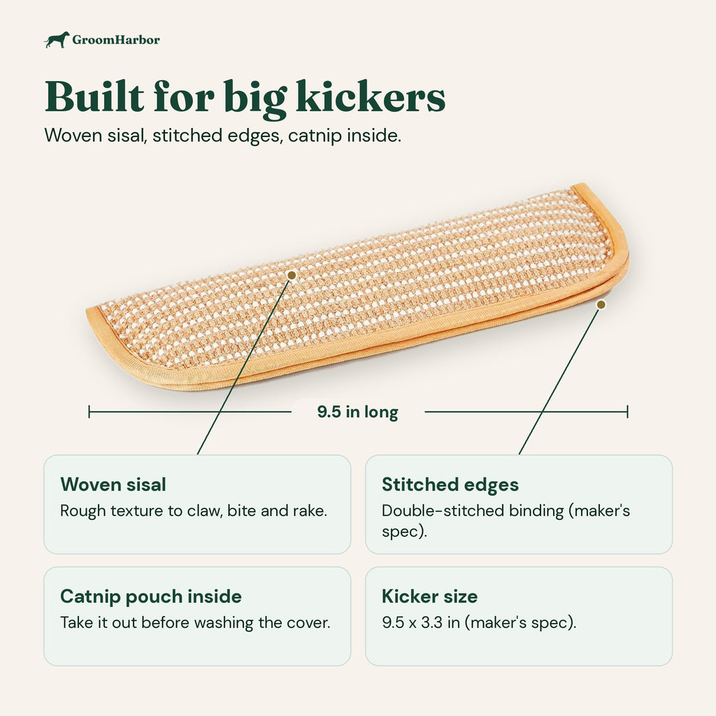 Kicker toy features: woven sisal surface, double-stitched edges, removable catnip pouch, 9.5 x 3.3 in