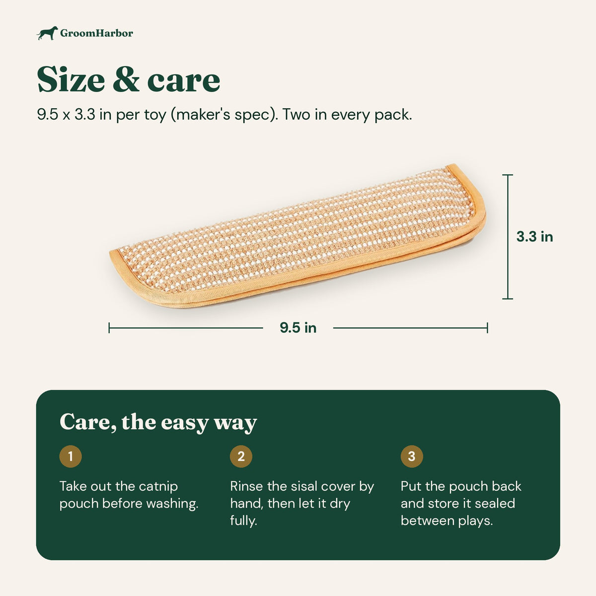 Kicker toy size 9.5 x 3.3 in (maker's spec) and care steps: remove the pouch, rinse the cover, store sealed