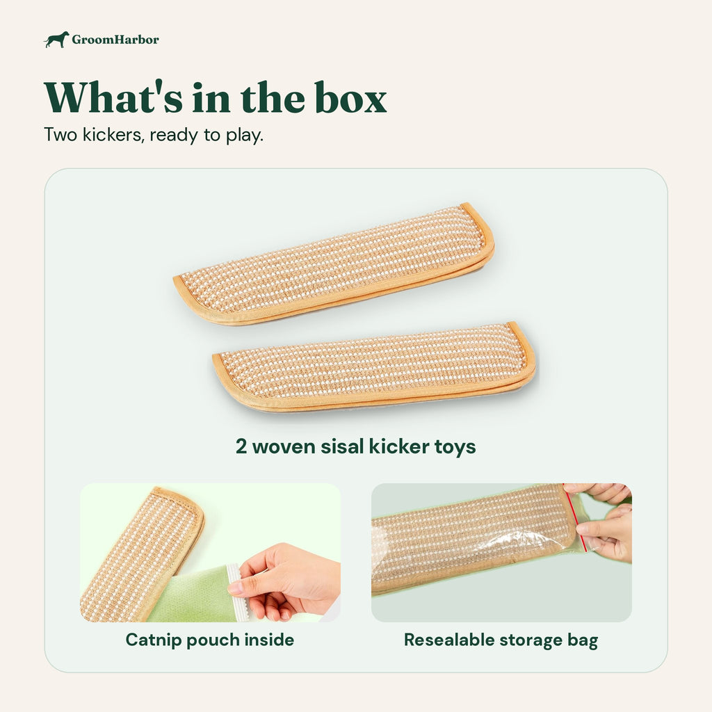 What's in the box: two woven sisal kicker toys with catnip pouches and a resealable storage bag