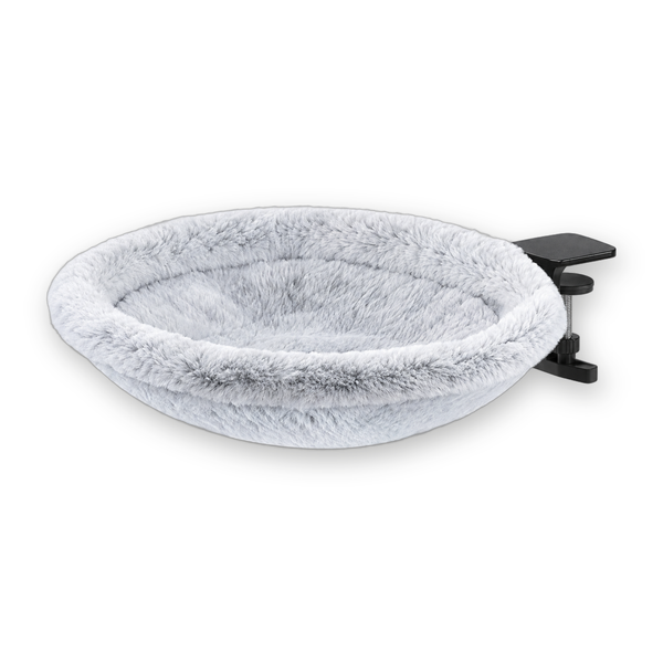 GroomHarbor Cat Desk Bed, grey plush semi-circle cat bed with black desk clamp