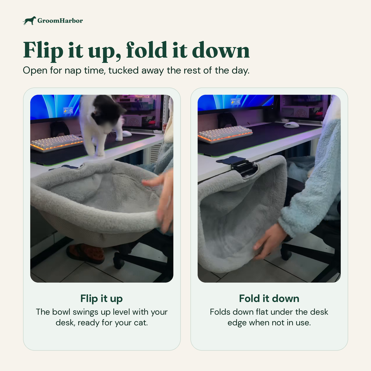 How the cat desk bed works: flip the bowl up beside the desk, fold it down flat under the desk edge
