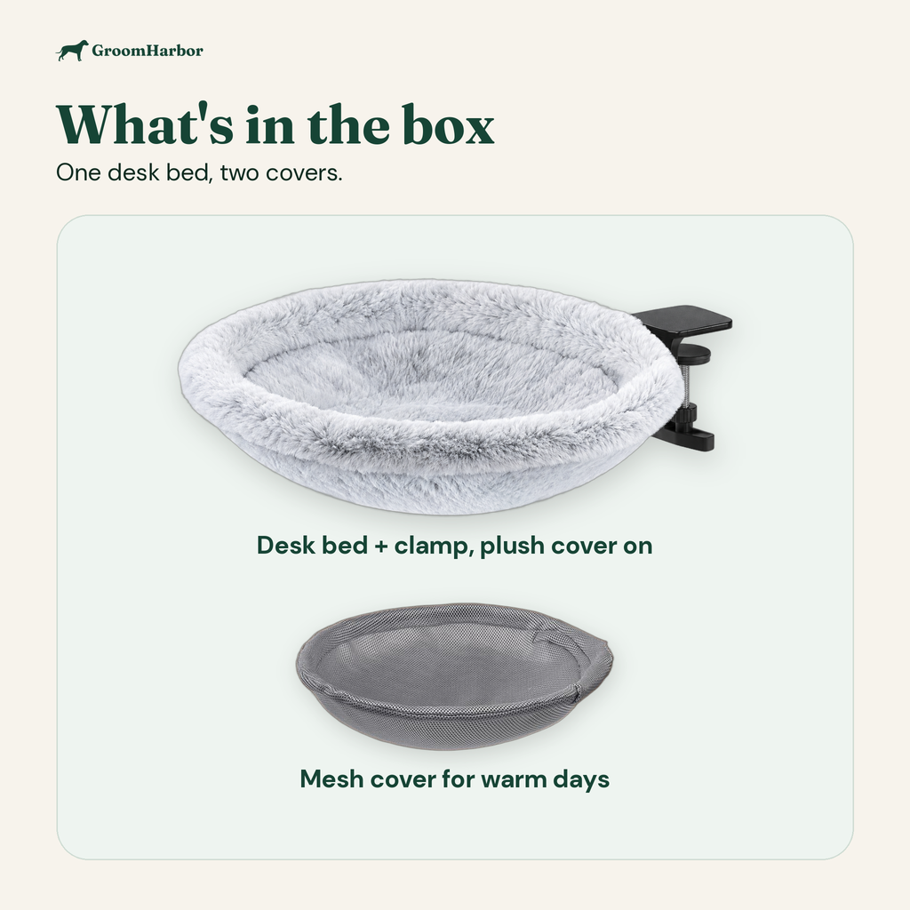 What's in the box: cat desk bed with clamp and plush cover, plus a mesh cover
