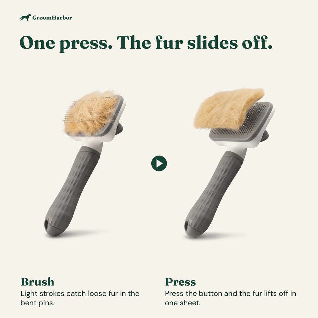 How CleanPin works: brush with light strokes to catch loose fur, then press the button and the fur slides off in one sheet