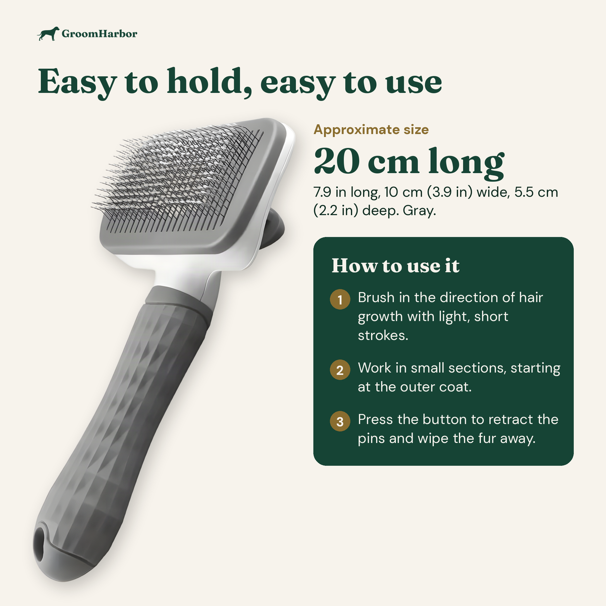 CleanPin size, about 20 cm (7.9 in) long and 10 cm (3.9 in) wide, with three steps for how to use it