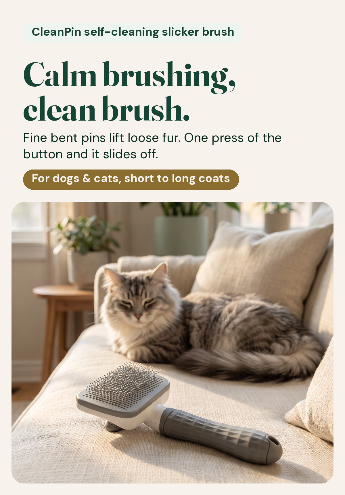 CleanPin self-cleaning slicker brush resting on a linen sofa beside a relaxed long-haired cat. Calm brushing, clean brush: fine bent pins lift loose fur, one press of the button and it slides off. For dogs and cats, short to long coats.