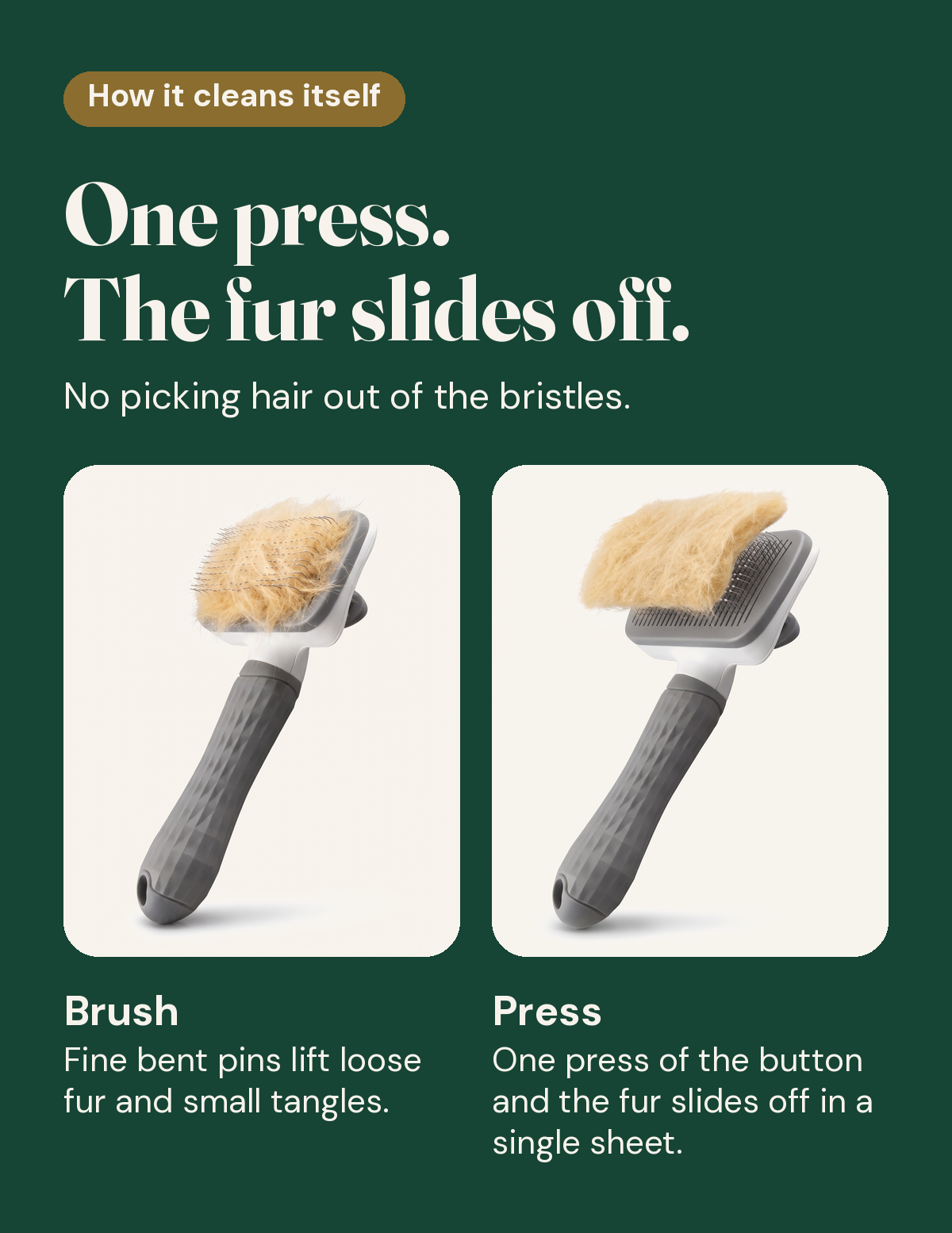 How it cleans itself: one press and the fur slides off. Left, the brush with fur collected in its fine bent pins. Right, after one press of the button the fur slides off in a single sheet. No picking hair out of the bristles.