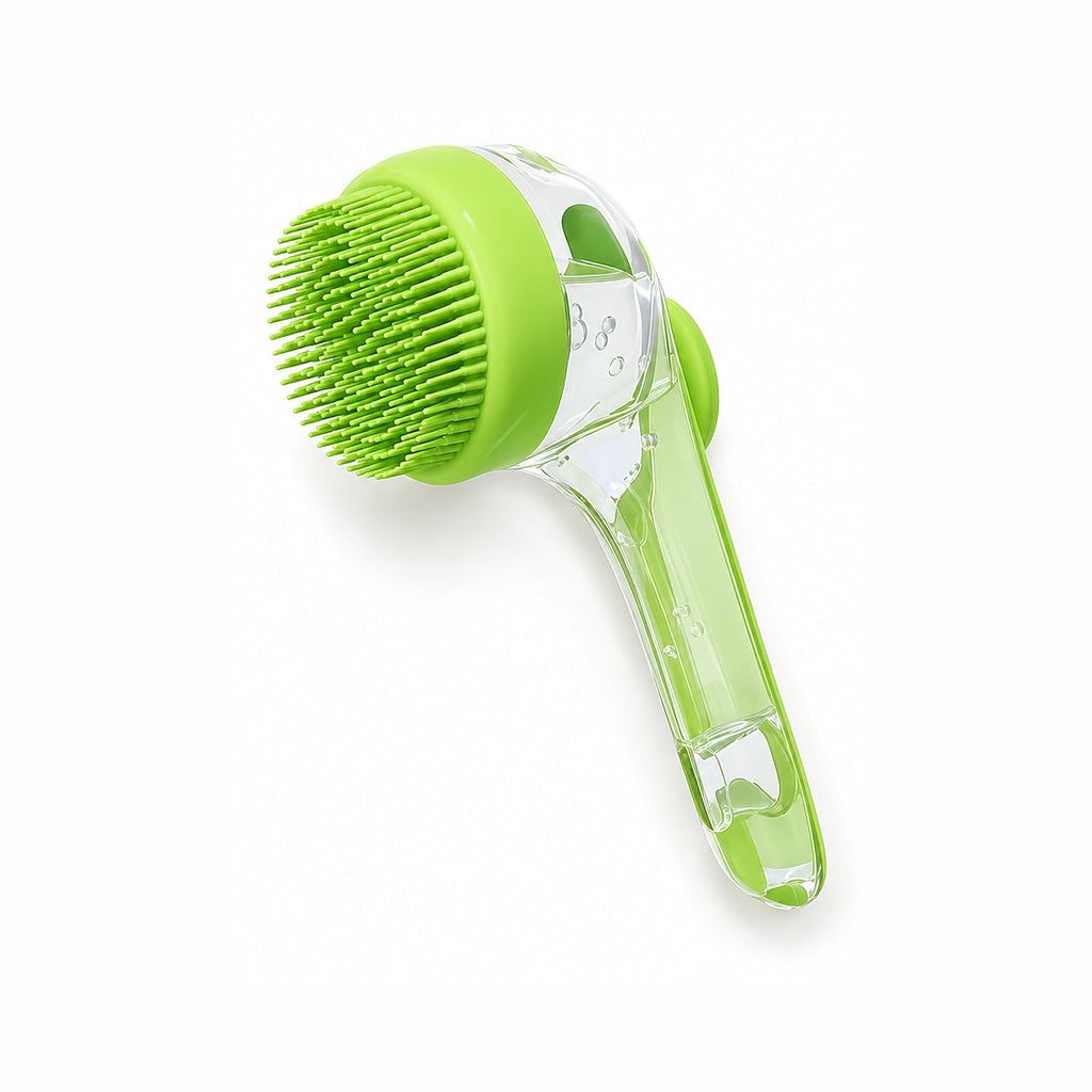 GroomHarbor Foaming Pet Bath Brush: clear long-handle brush with a built-in shampoo reservoir and a round green soft silicone bristle head