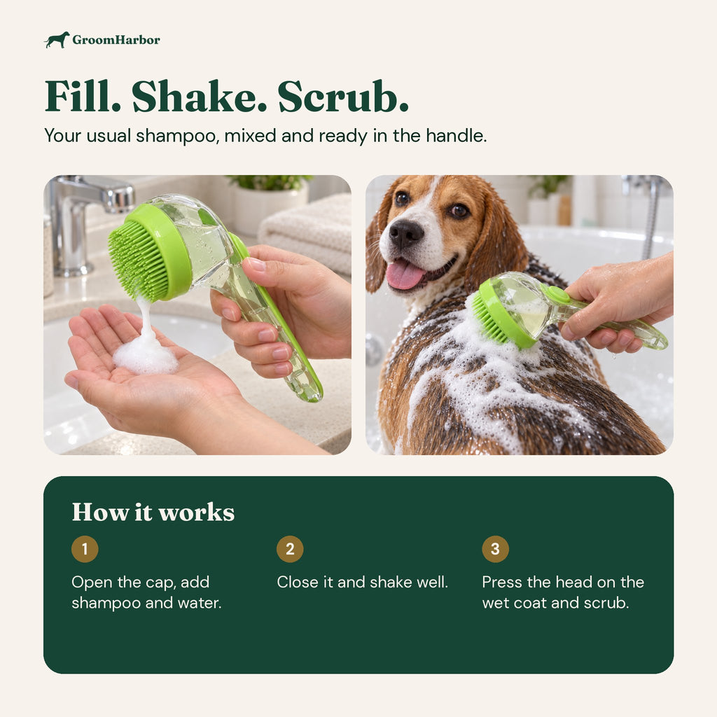 How the foaming bath brush works: fill the reservoir with shampoo and water, shake, then press and scrub; foam on a beagle and a cat in the sink