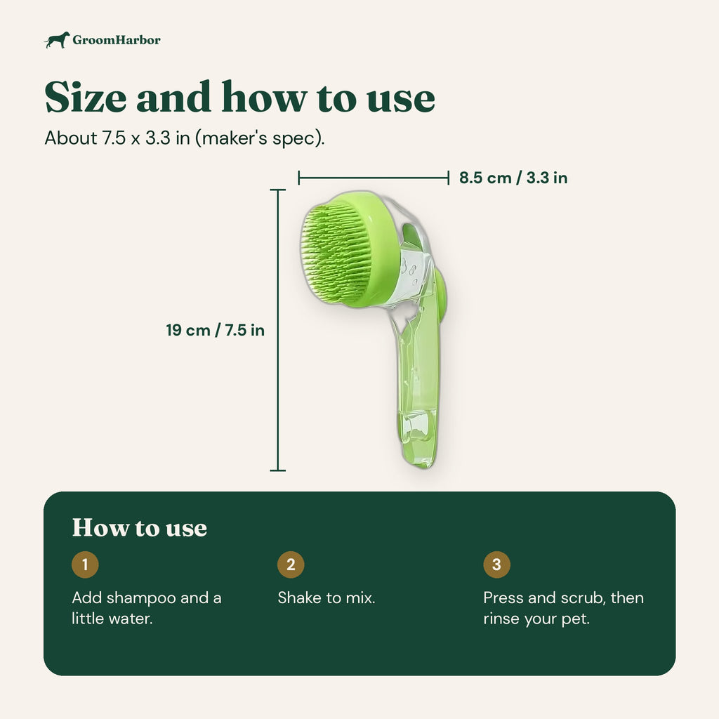 Foaming bath brush size: about 19 x 8.5 cm (7.5 x 3.3 in), maker's spec; three steps to use it