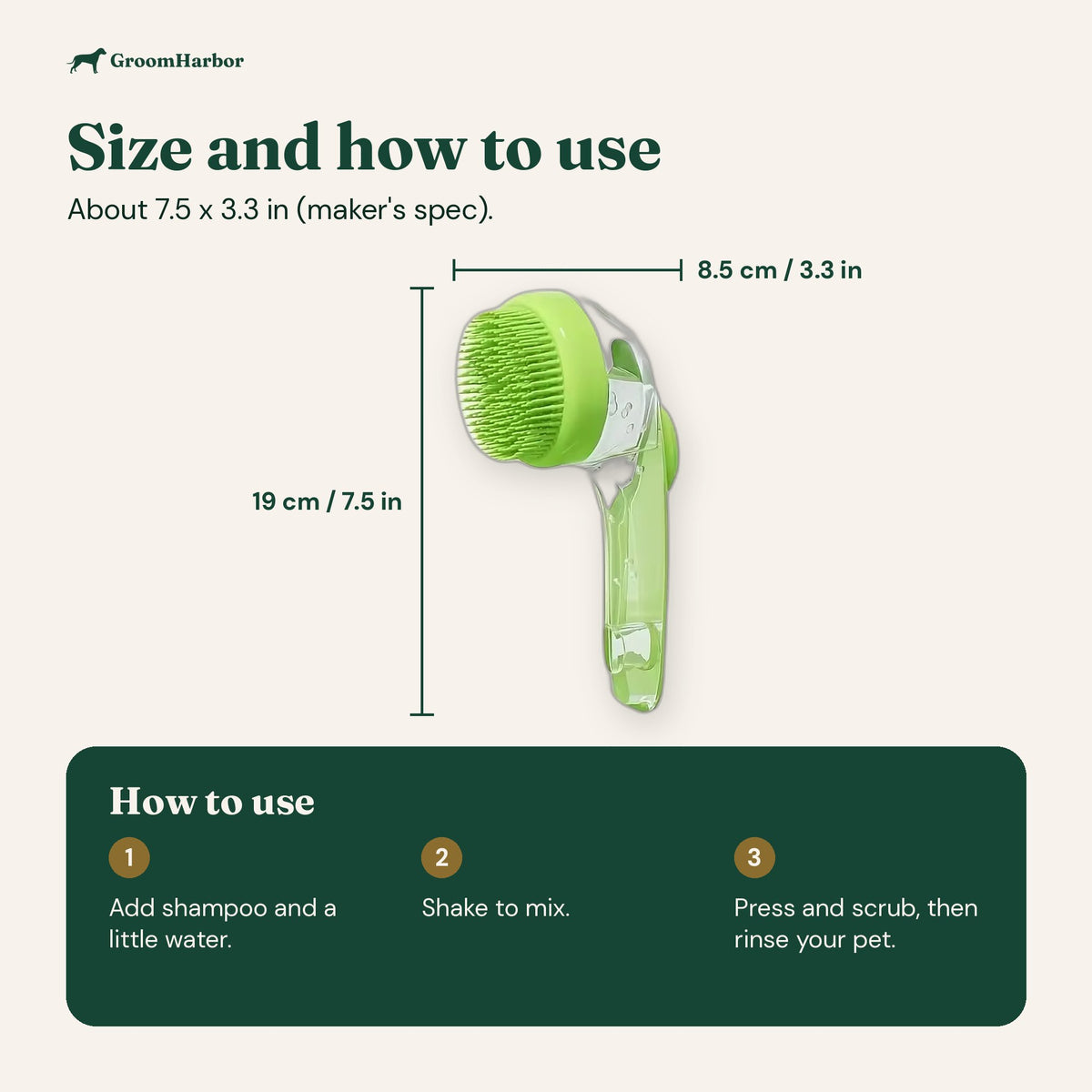 Foaming bath brush size: about 19 x 8.5 cm (7.5 x 3.3 in), maker's spec; three steps to use it