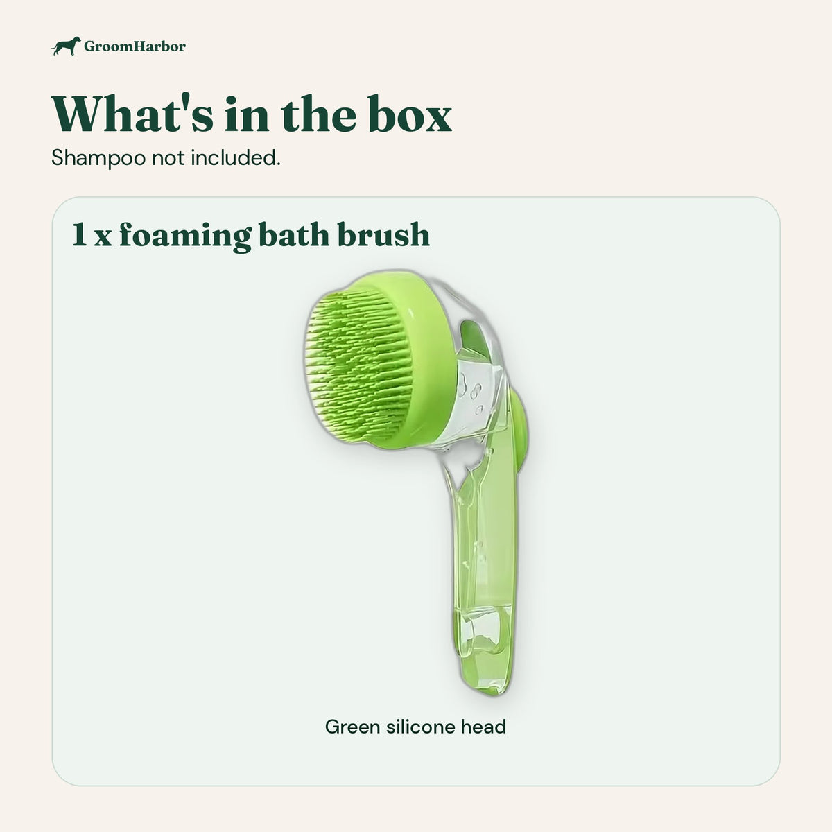 What's in the box: one foaming pet bath brush with green silicone head