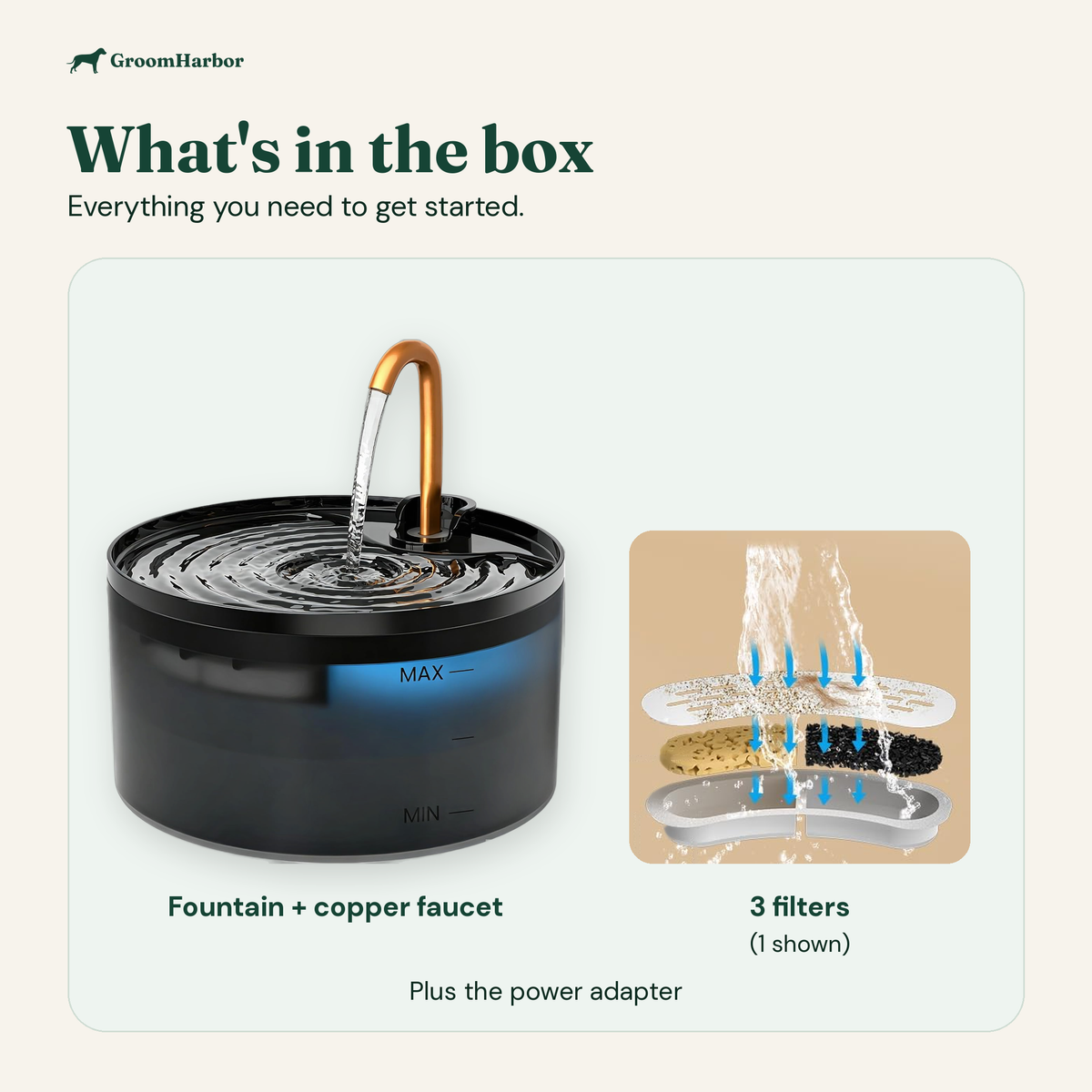 What's in the box: faucet fountain with copper faucet, 3 filters and power adapter