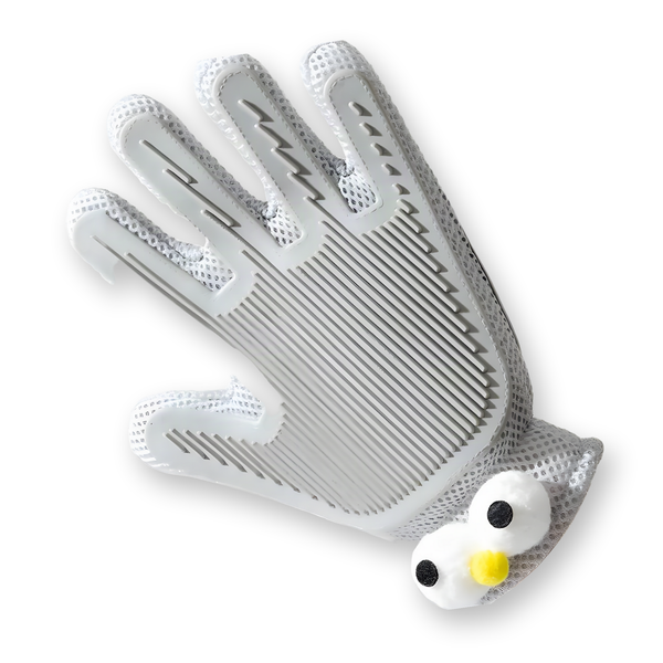 FurMitt gray grooming glove for dogs and cats with a cartoon-face cuff, on white