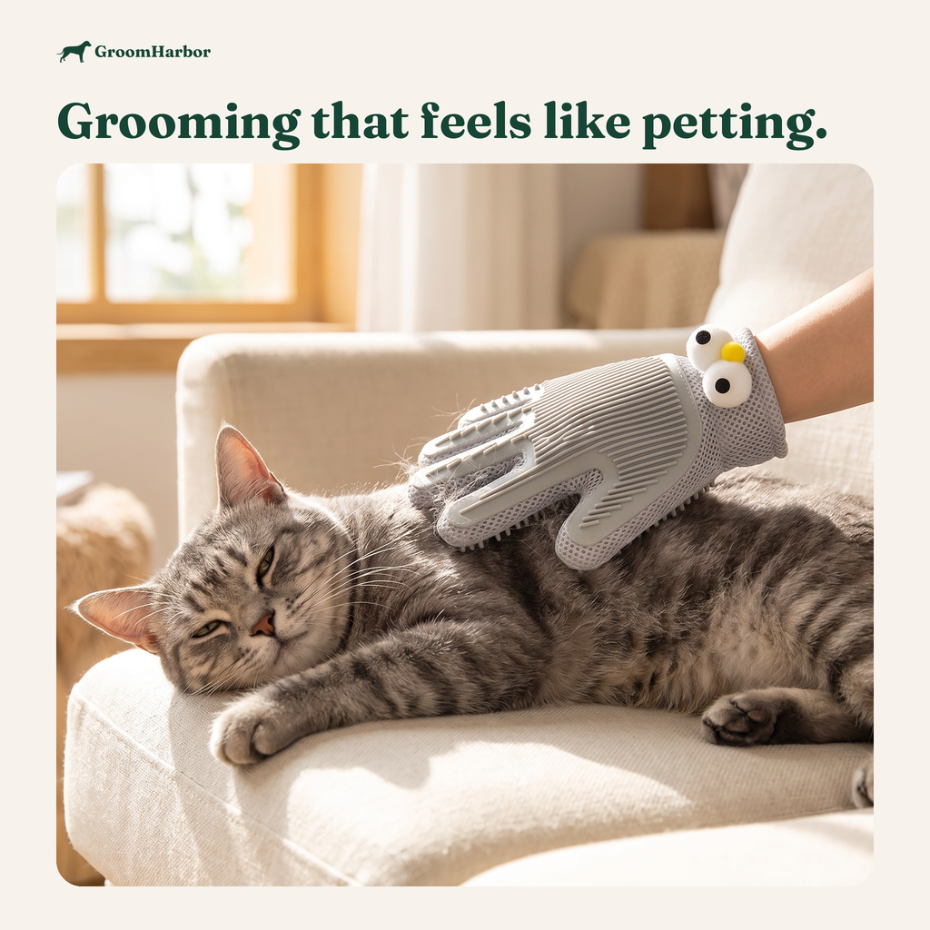 Tabby cat relaxing on a sofa while being stroked with the FurMitt grooming glove