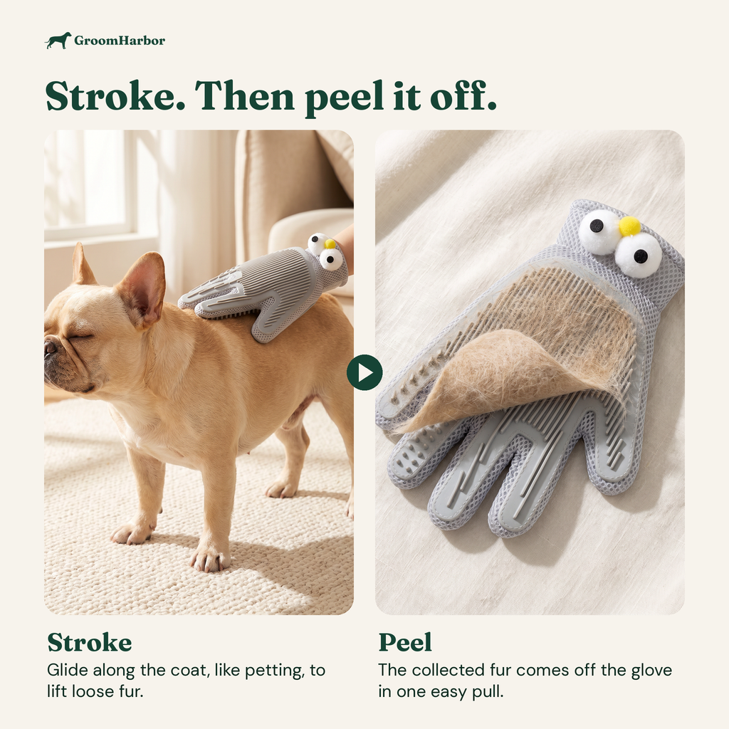 Stroke your pet with FurMitt to lift loose fur, then peel the collected fur off the glove