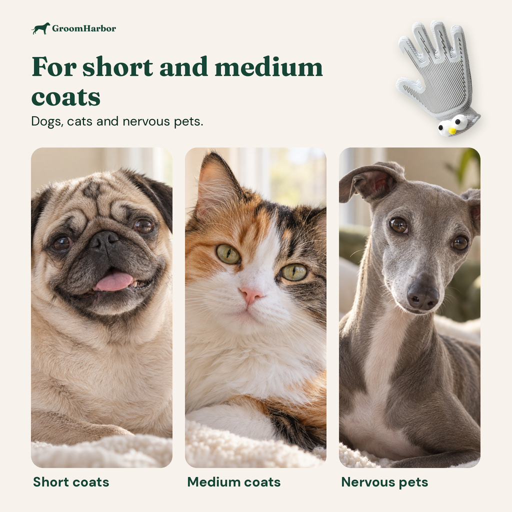 For short and medium coats: dogs, cats and nervous pets (a pug, a calico cat and a whippet)