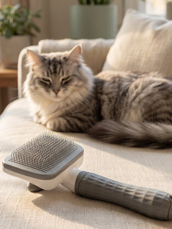 Cat being brushed with the CleanPin slicker brush