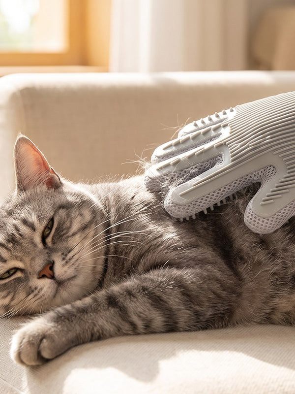 Cat being stroked with the FurMitt grooming glove