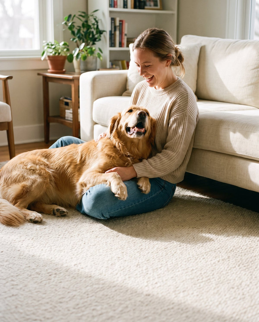 Woman laughing on the living-room rug with her fluffy golden retriever resting in her lap