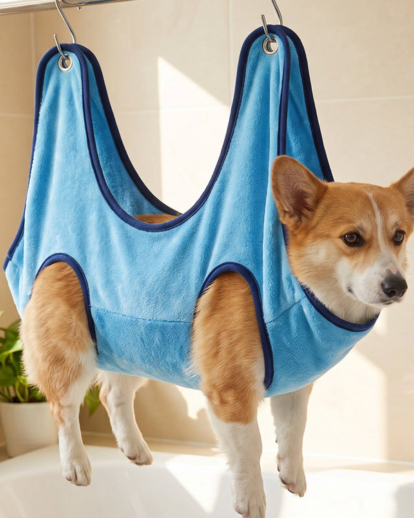 Small dog resting in a grooming hammock
