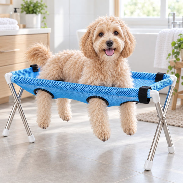 Fluffy goldendoodle puppy standing in the GroomHarbor Fold-Up Grooming Stand with its paws through the leg openings
