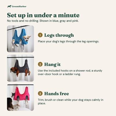 Set up in under a minute: legs through the openings, hang it on the included hooks, then trim hands-free. Shown in blue, gray and pink