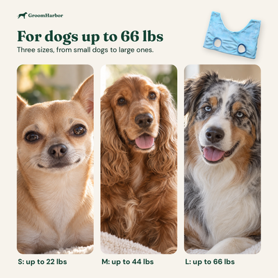 For dogs up to 66 lbs in three sizes: S up to 22 lbs, M up to 44 lbs, L up to 66 lbs