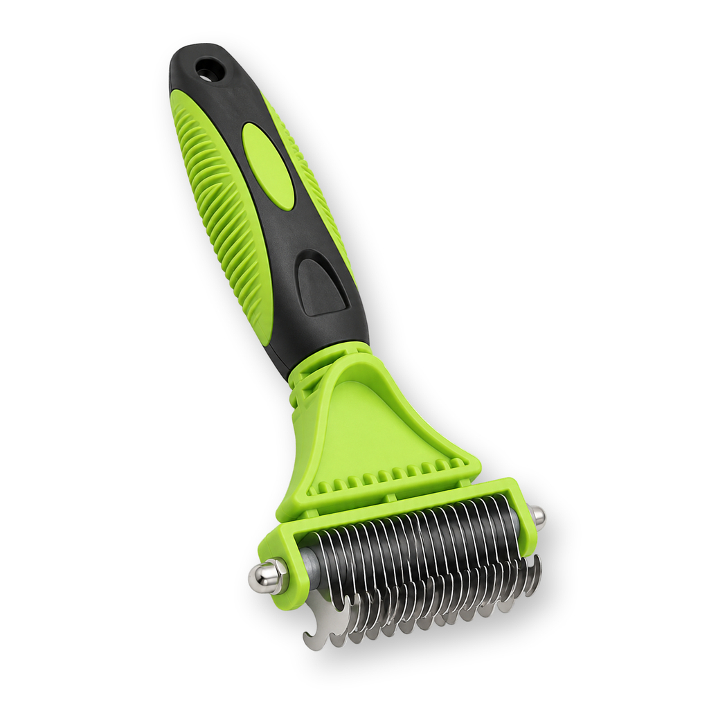 MatAway double-sided dematting comb with green and black non-slip handle, on white