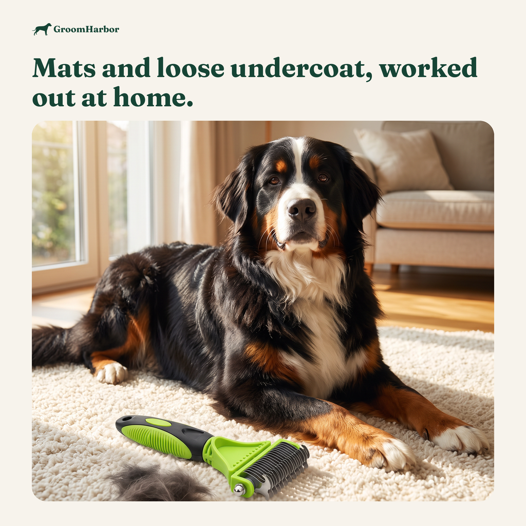 Bernese mountain dog lying on a rug beside the MatAway dematting comb