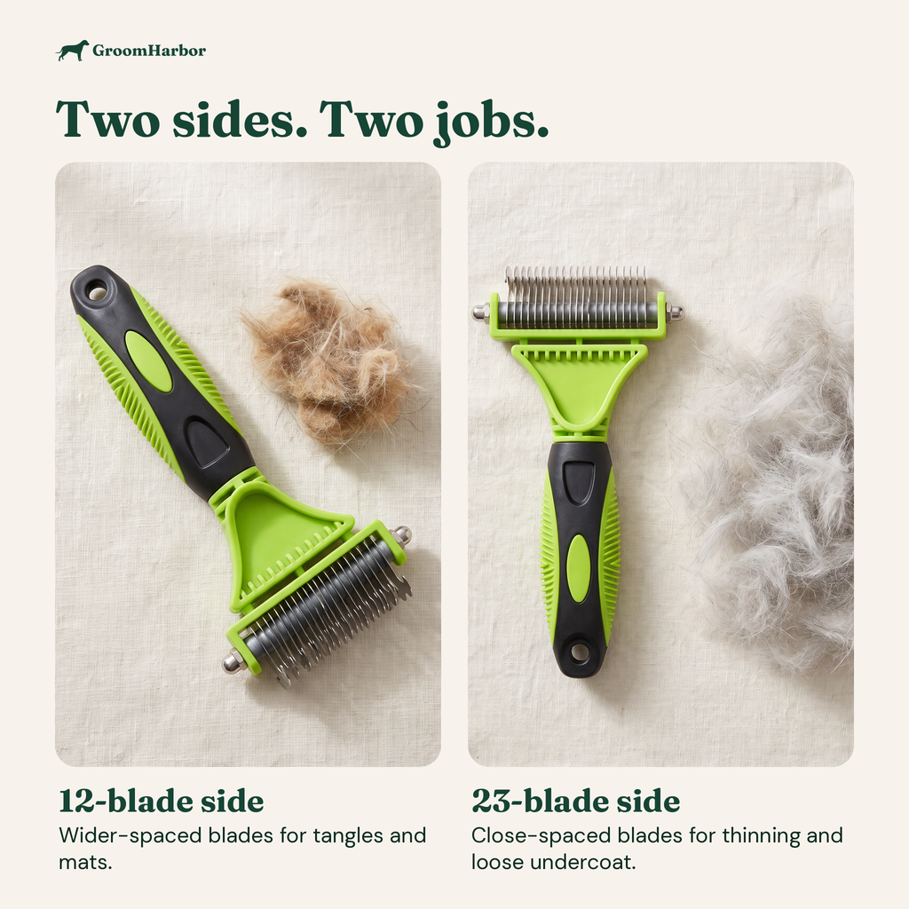MatAway's two sides: 12-blade side for tangles and mats, 23-blade side for thinning loose undercoat