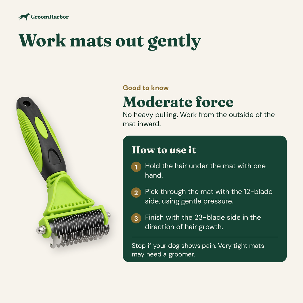How to use MatAway: hold the hair under the mat, pick through with the 12-blade side, finish with the 23-blade side