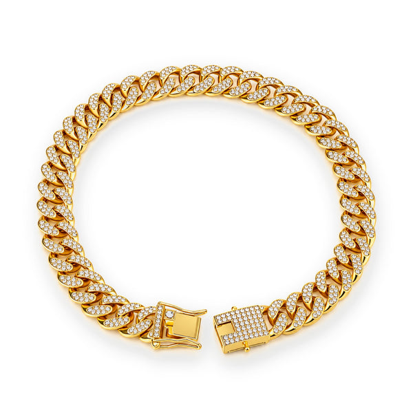 GroomHarbor gold rhinestone Cuban chain collar for dogs and cats, open box clasp, on white