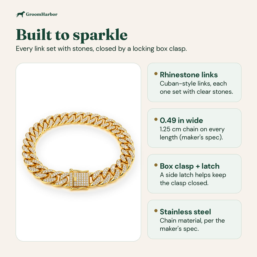 Collar features: rhinestone-set Cuban links, 0.49 in (1.25 cm) wide chain, box clasp with side latch, stainless steel chain
