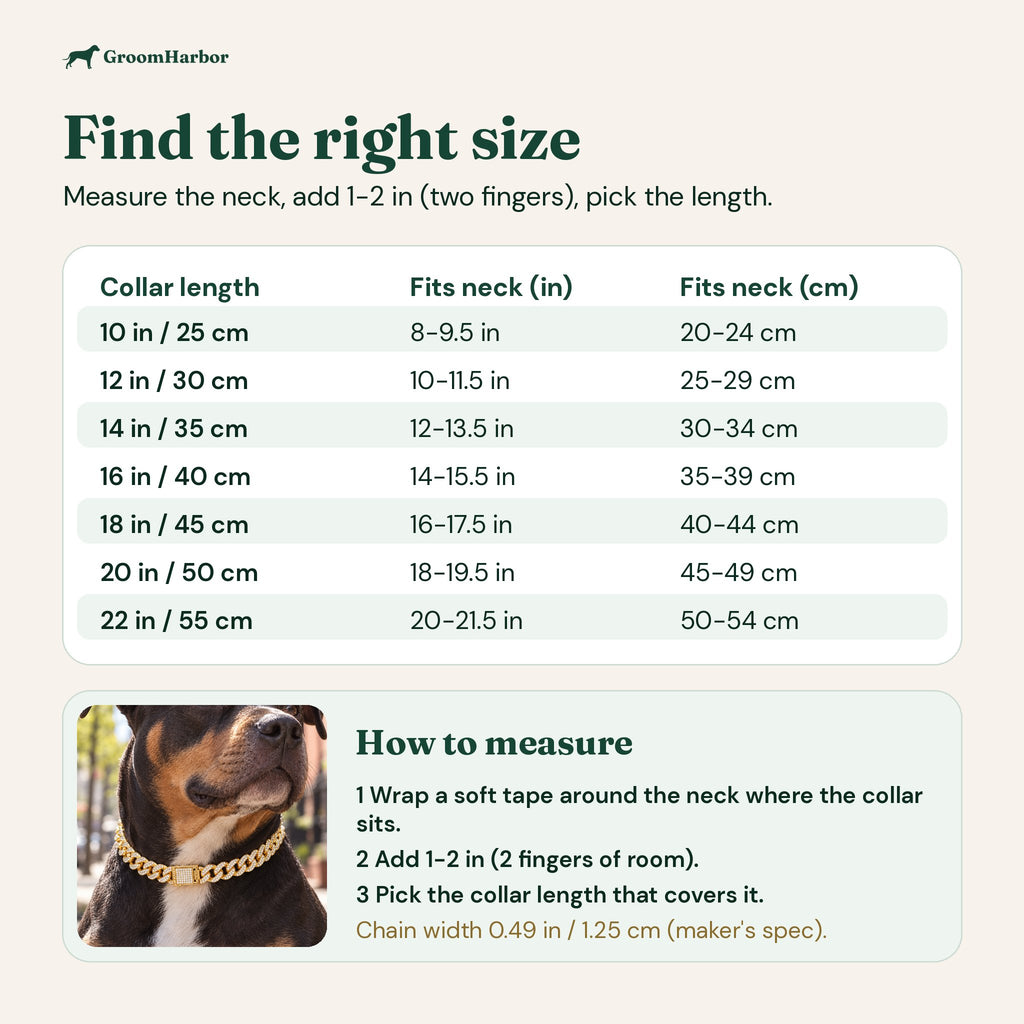 Size chart: collar lengths 10 to 22 in (25 to 55 cm) with the neck size each fits, and how to measure your pet's neck